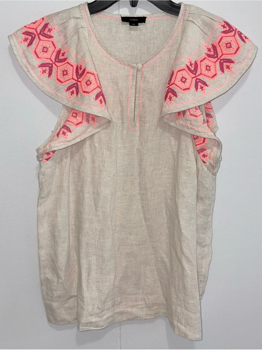 J.Crew XS 100% Linen Beige Coral Pink Embroidered Ruffle Sleeve Blouse